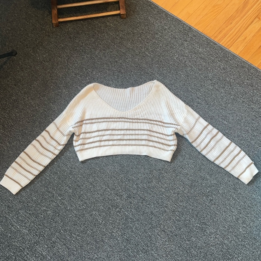 cropped white sweater with brown stripes size Small